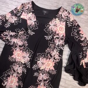 Women's 2XL Black Pink Floral Midi Shift Dress Flutter Bell Sleeves Fairy Whimsi